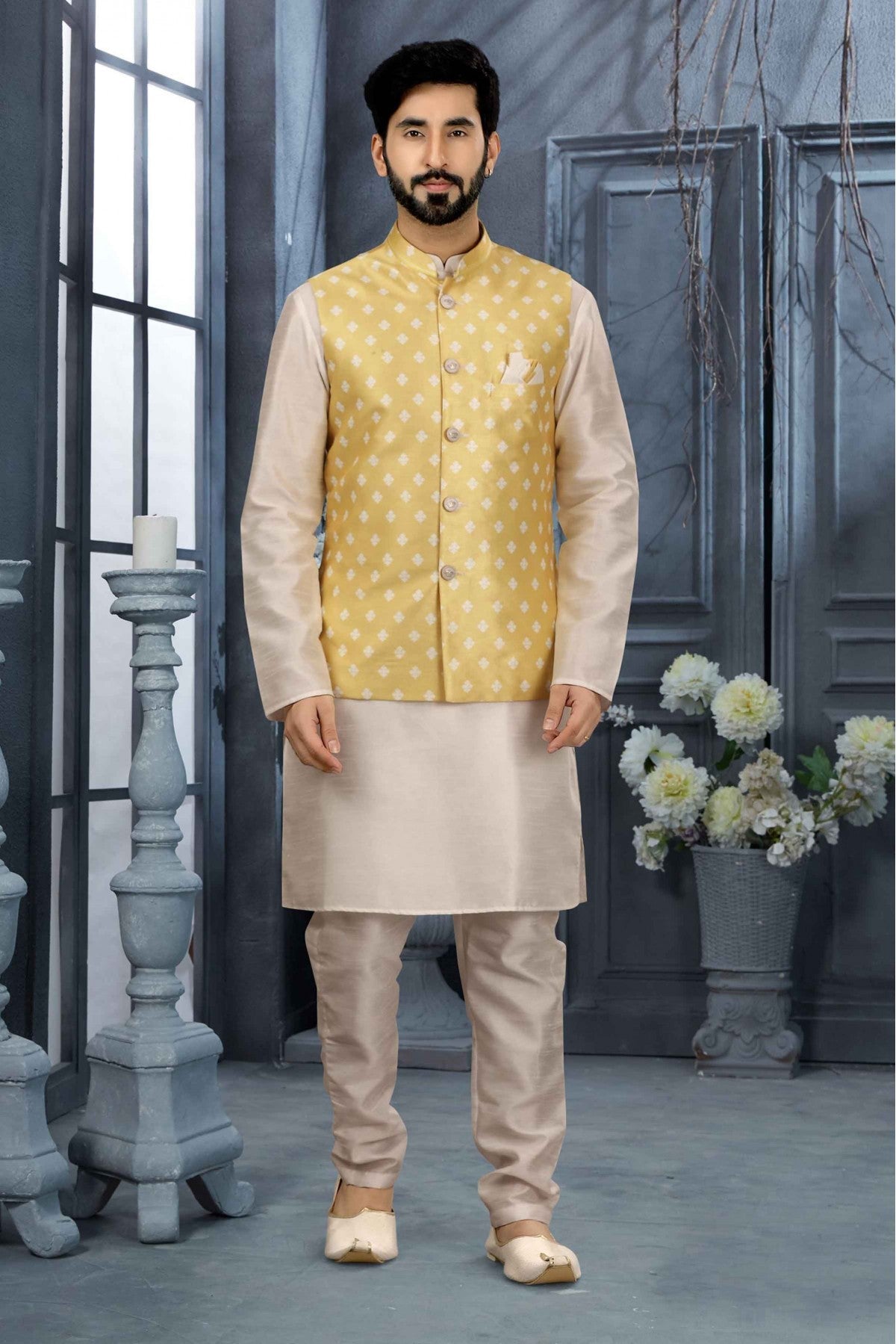 Off White and Yellow Colour Kurta Pajama With Jacket In Silk Dupion Fabric VSKP1040191
