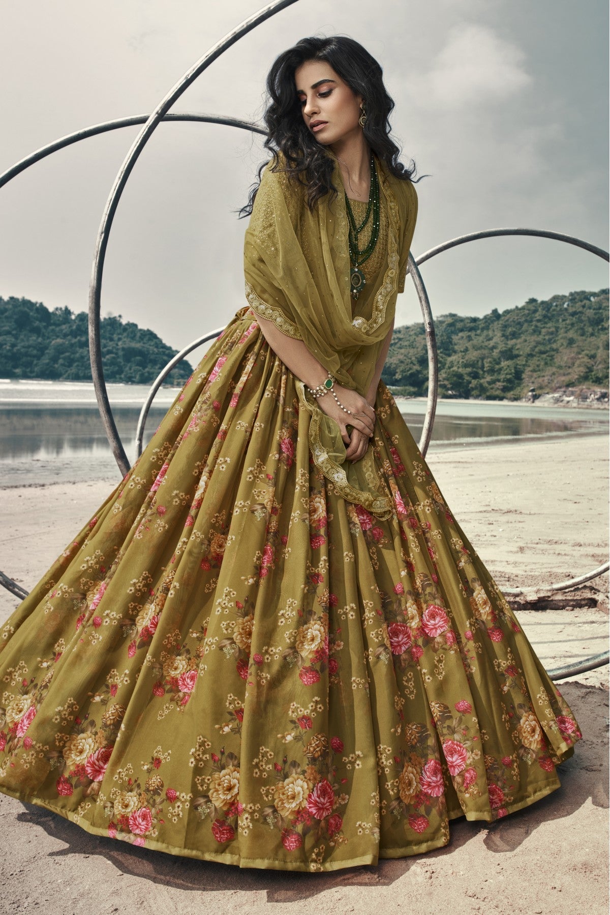 Olive and Green Colour Organza Printed Lehenga Choli VSLC1080632