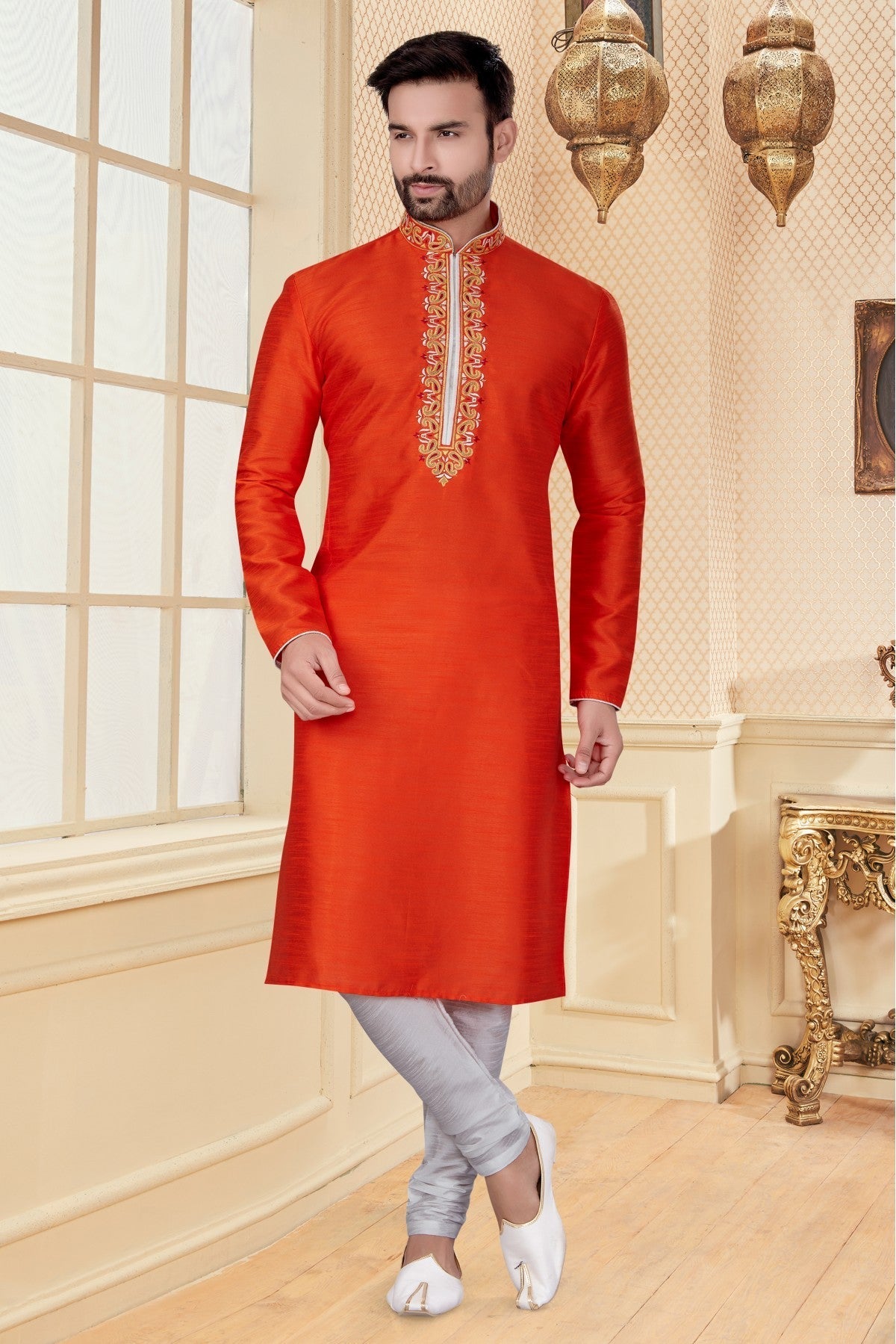 Orange Colour Kurta Pajama In Silk Dupion Fabric VSKP1040106