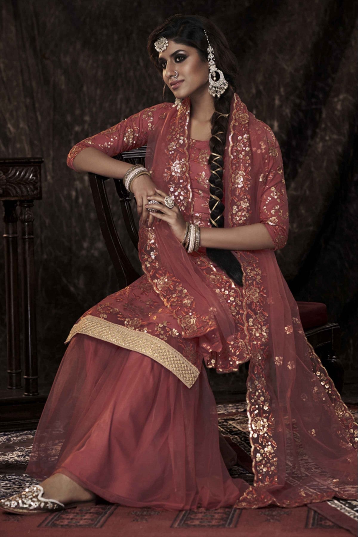 Orange Colour Soft Net Sequins Work Sharara Suit VSSM1080660