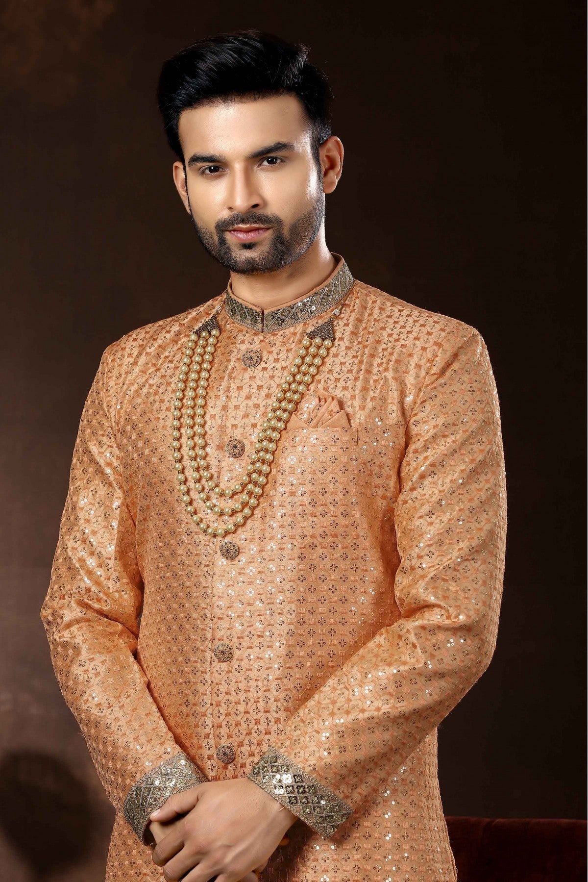 Peach Colour Art Silk Sherwani VSSH1040358