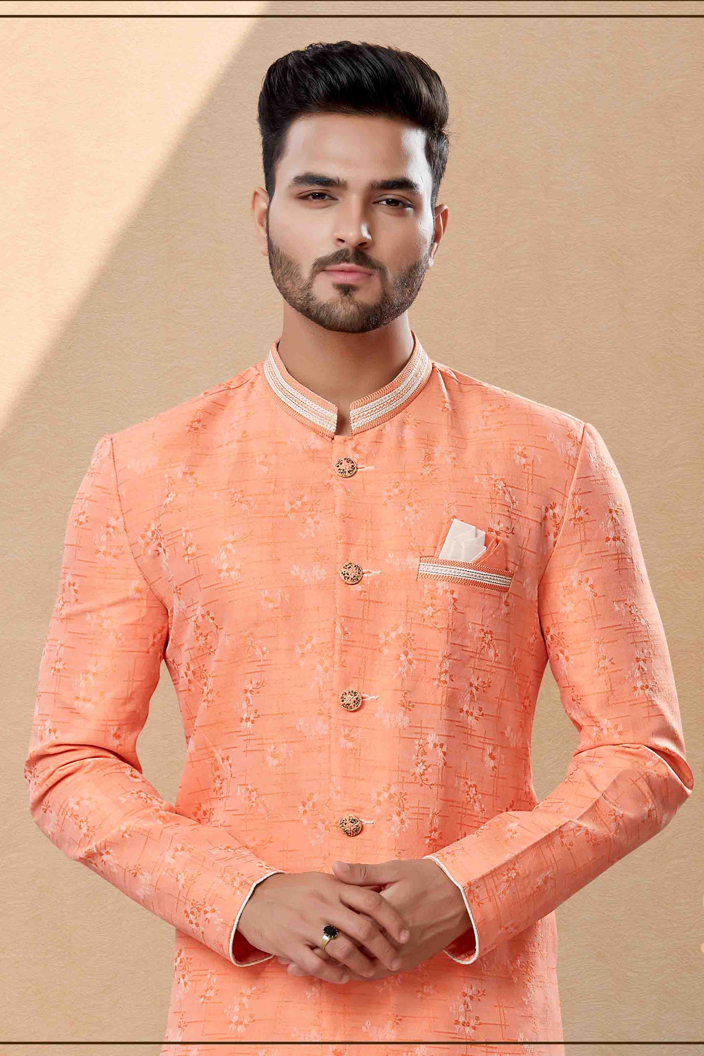 Peach Colour Dhoti Sherwani In Banarasi Jacquard Fabric VSSH1040396