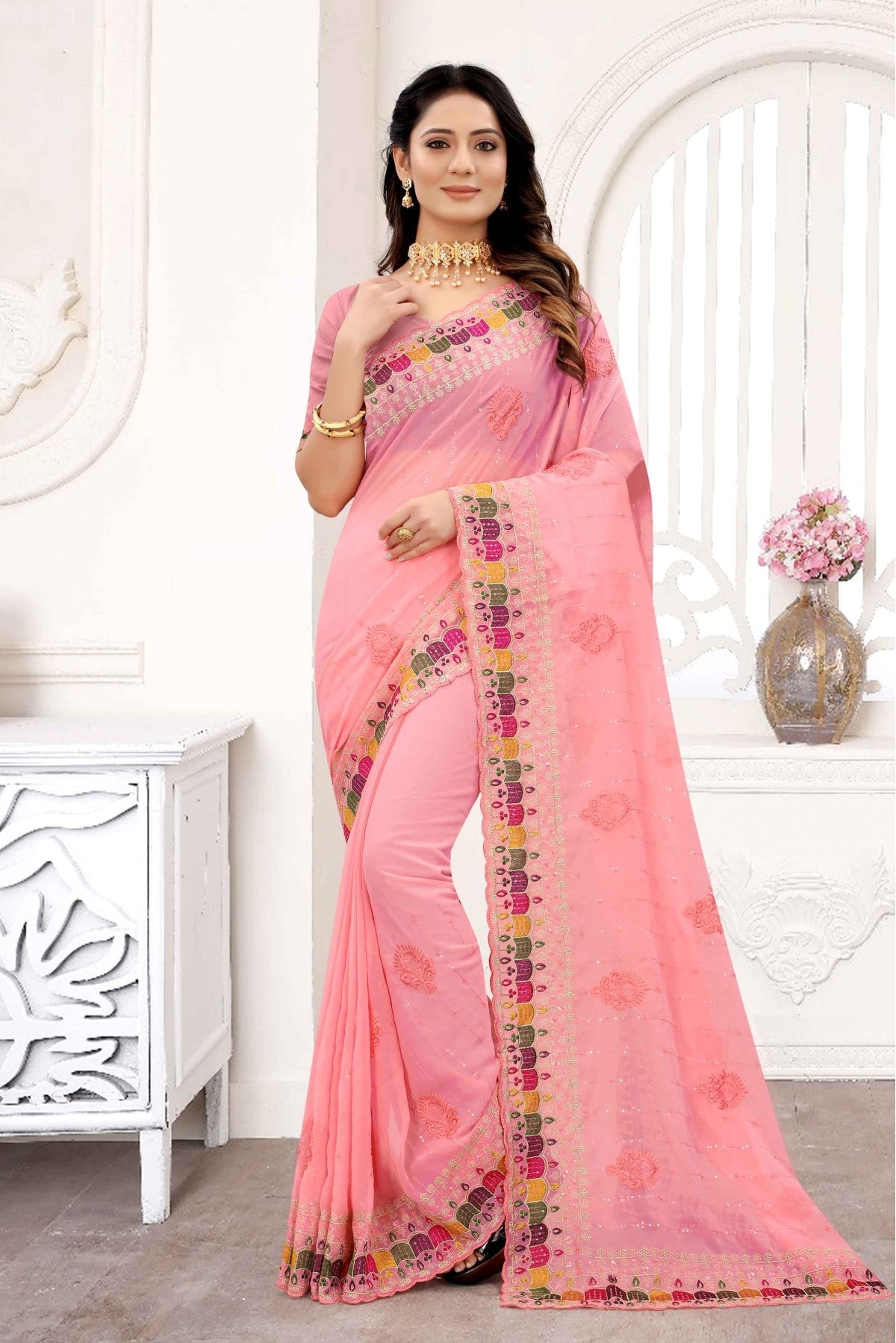 Peach Colour Georgette Embroidery Saree VSSD1090285