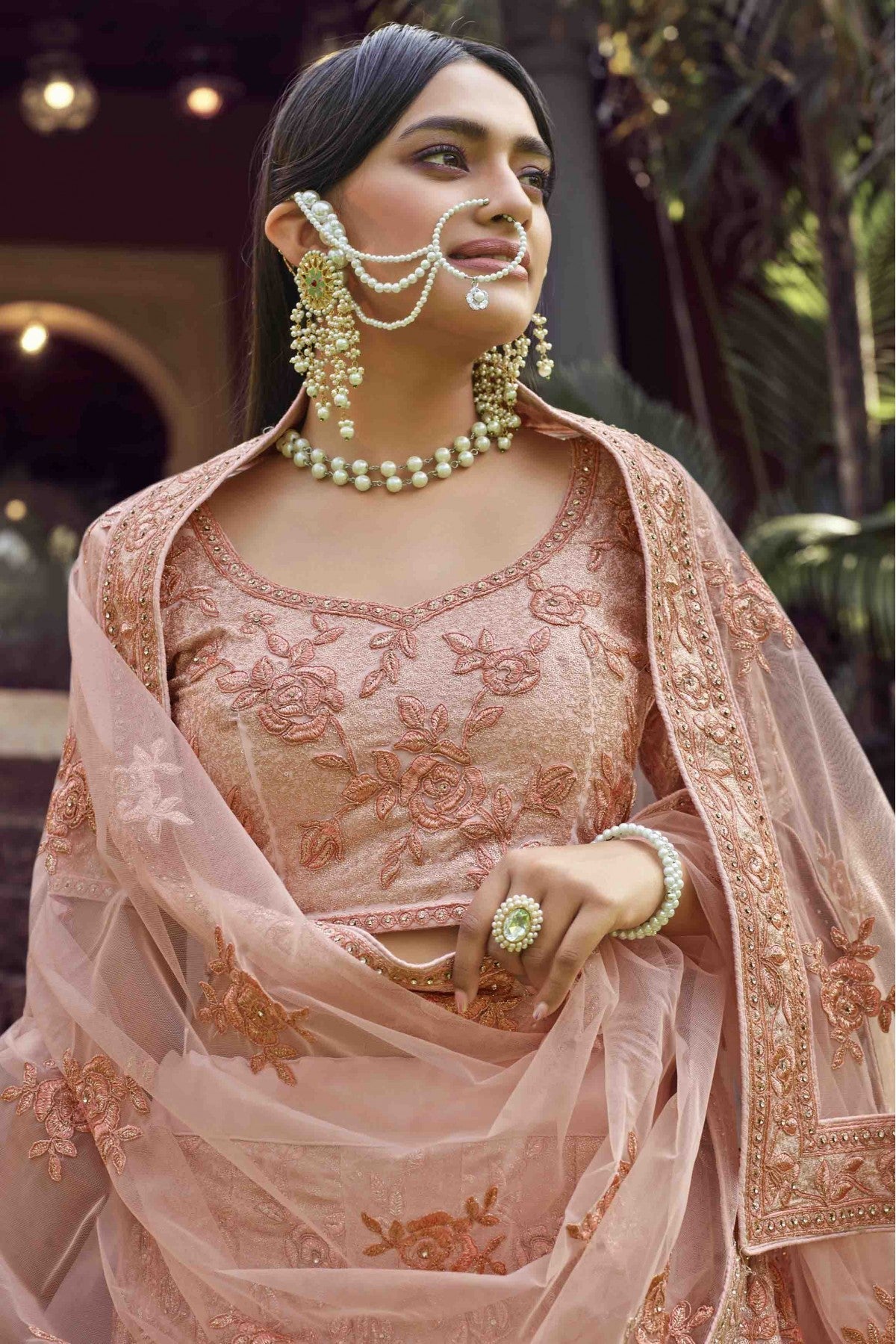 Peach Colour Georgette Sequins Work Lehenga Choli