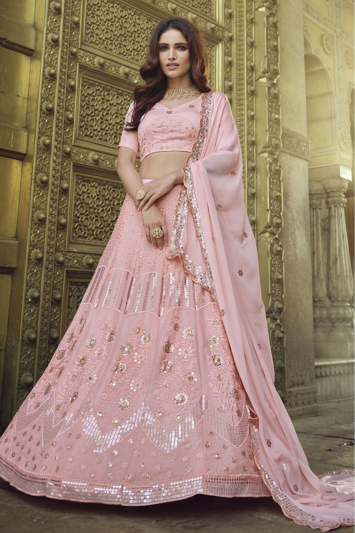 Peach Colour Georgette Sequins Work Lehenga Choli VSLC1080561