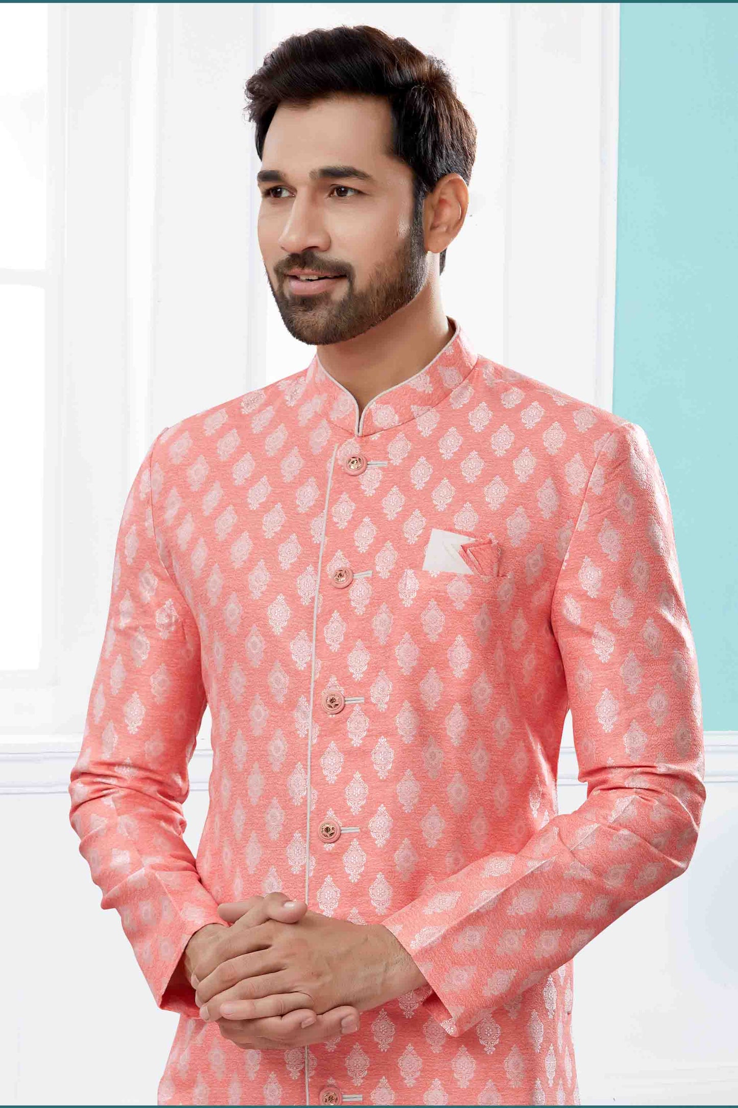 Peach Colour Indo Western In Banarasi Jacquard Fabric VSSH1040446