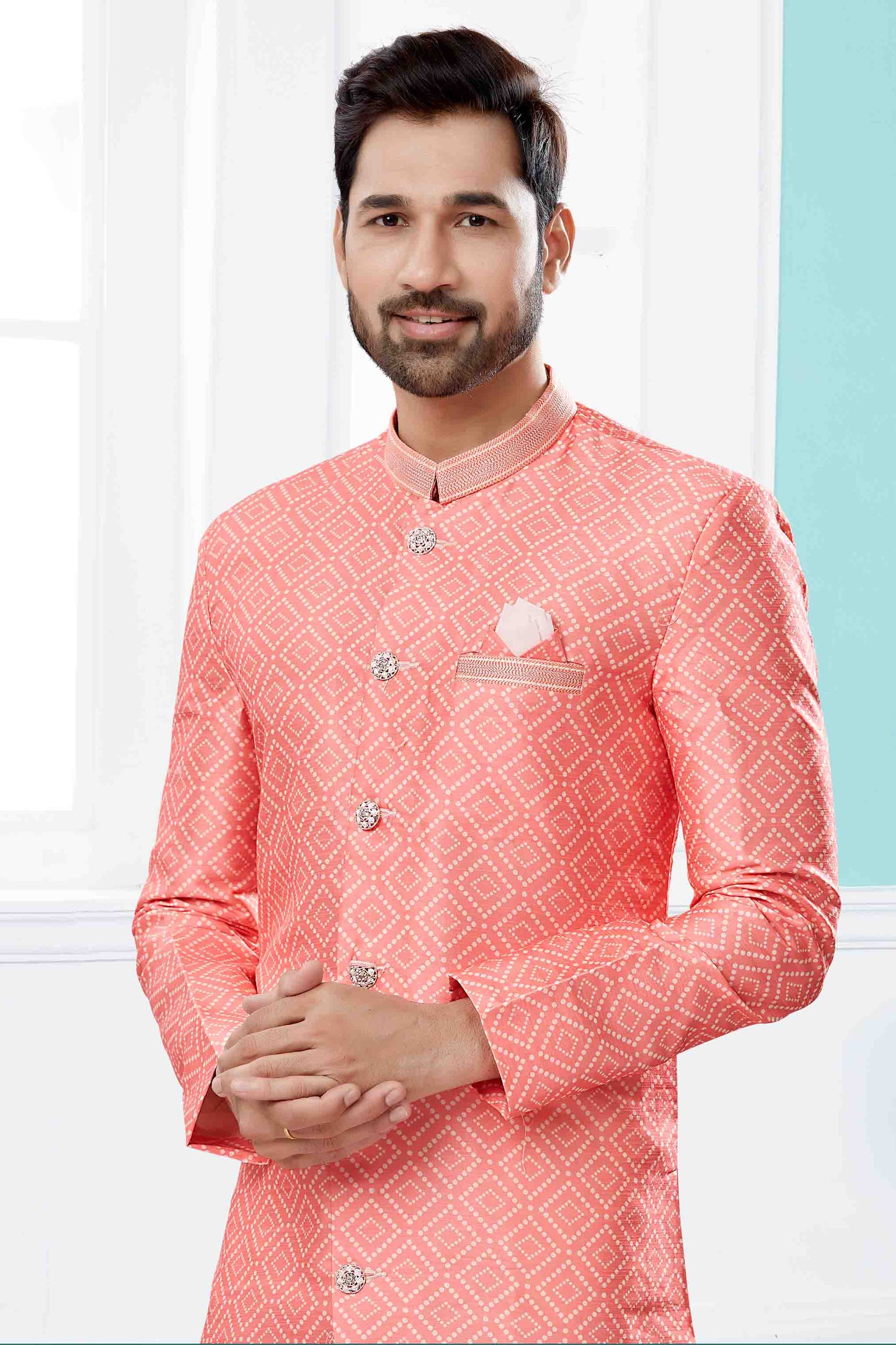 Peach Colour Indo Western In Jacquard Fabric VSSH1040450