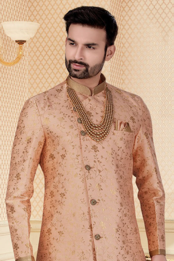 Peach Colour Jacquard Dhoti Sherwani VSSH1040273