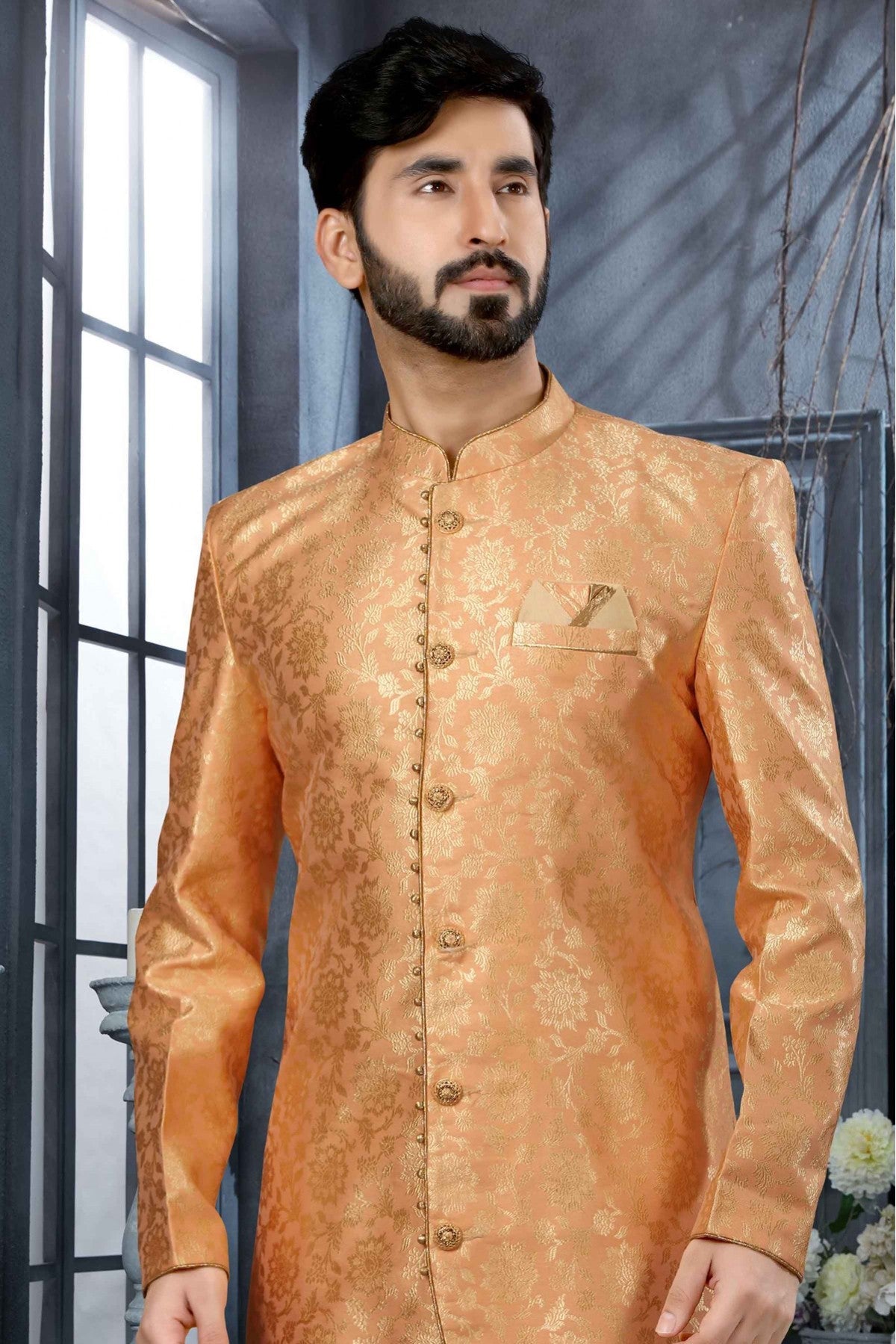 Peach Colour Jacquard Woven Sherwani VSSH1040313