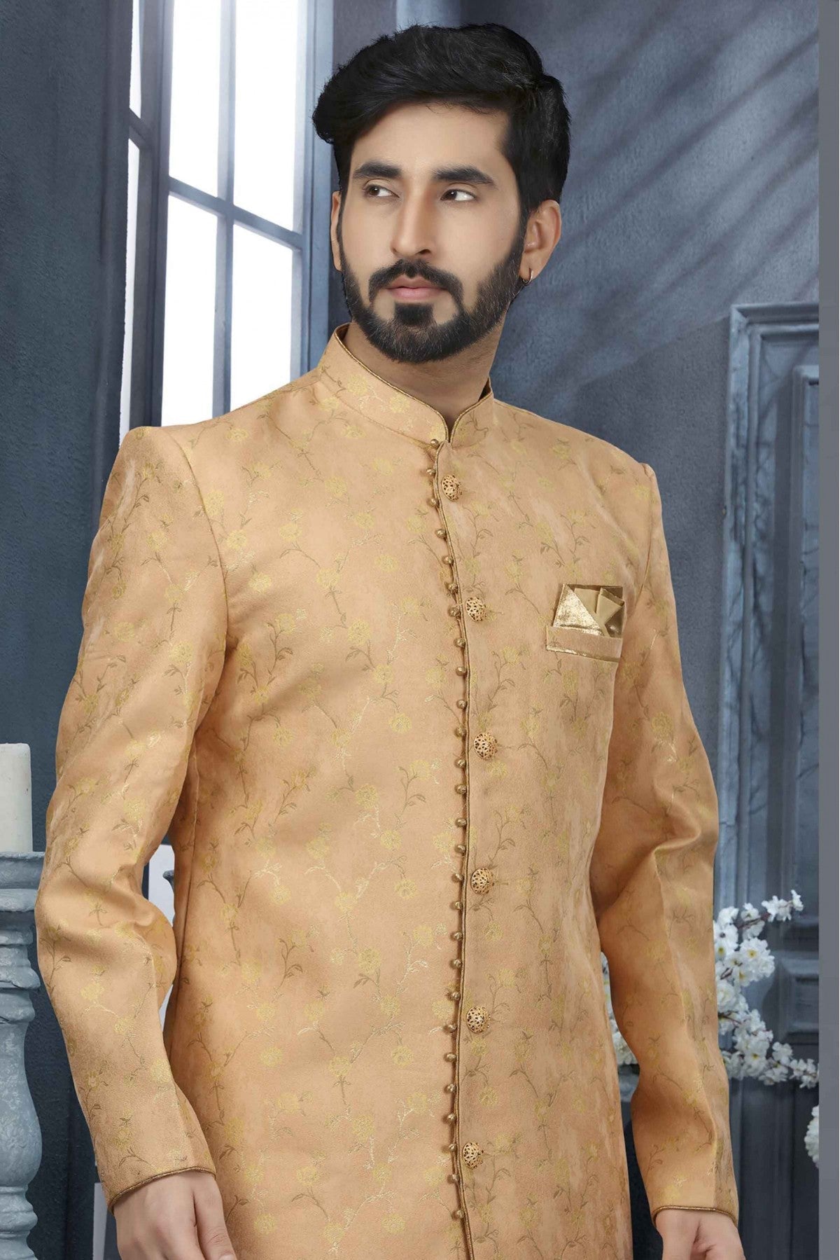 Peach Colour Jacquard Zari Work Sherwani VSSH1040325