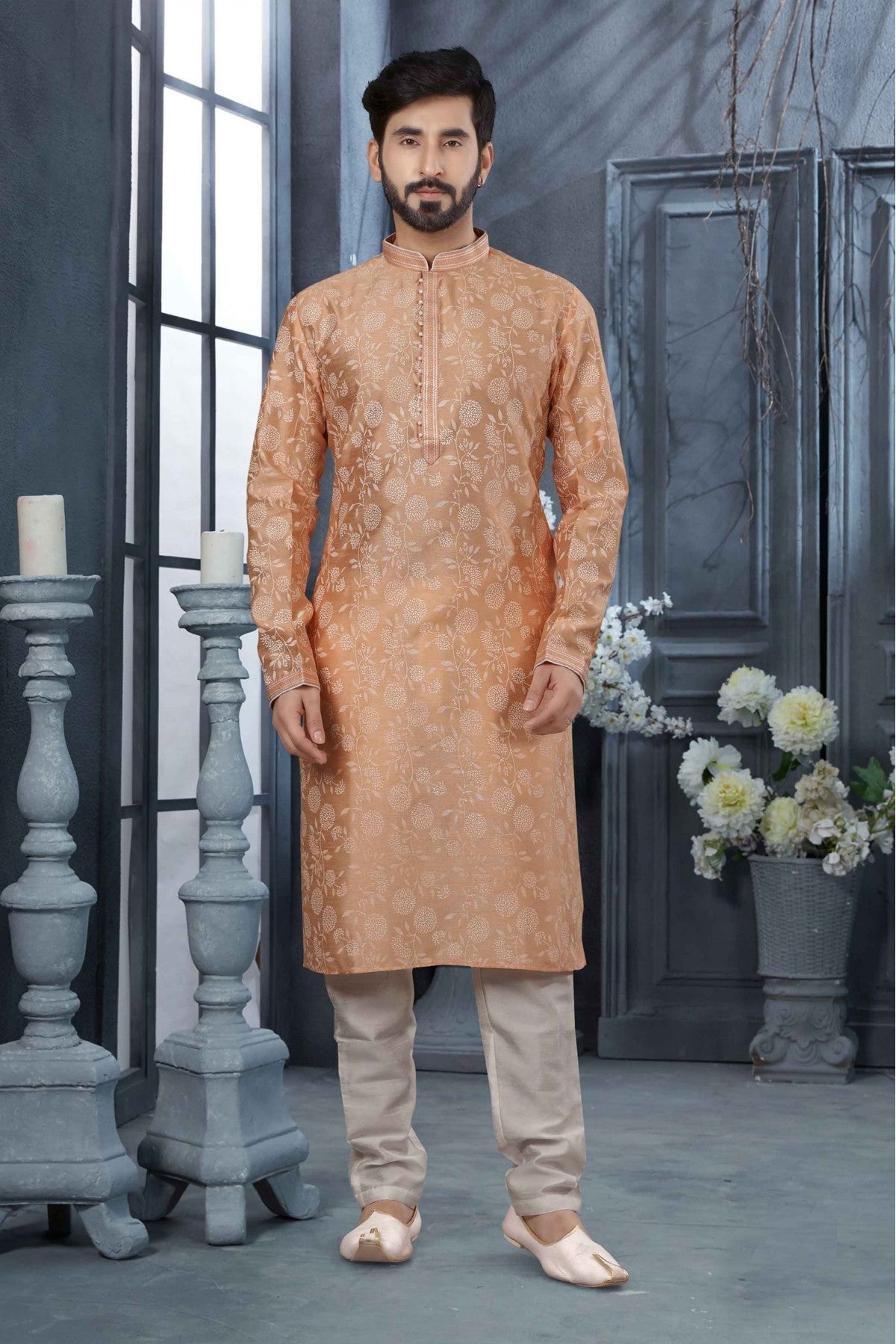 Peach Colour Kurta Pajama In Silk Fabric VSKP1040164