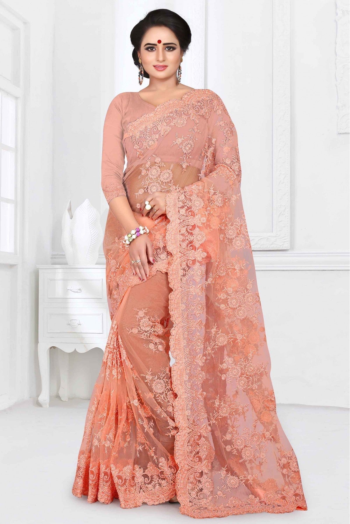 Peach Colour Net Designer Saree VSSD1090033