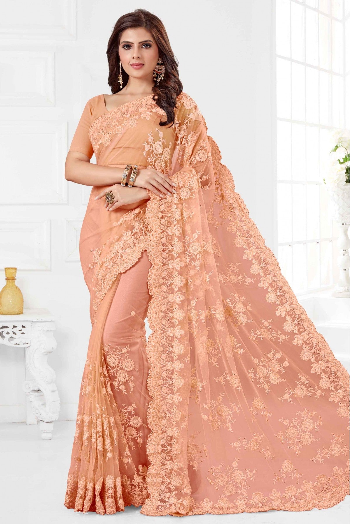 Peach Colour Net Designer Saree VSSD1090057