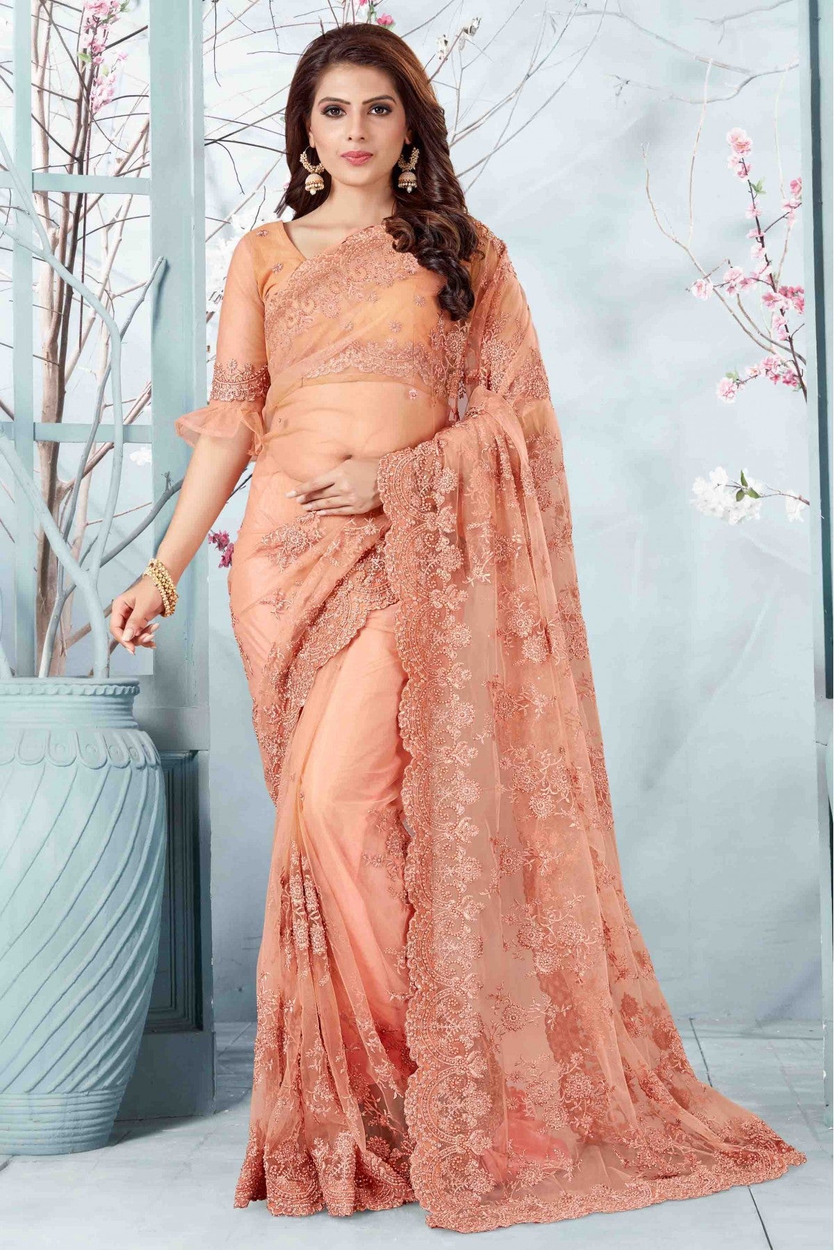 Peach Colour Net Designer Saree VSSD1090062
