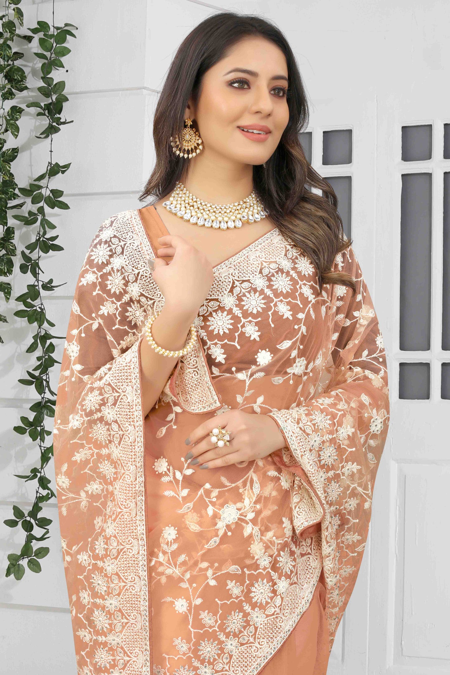 Peach Colour Net Designer Saree VSSD1090556
