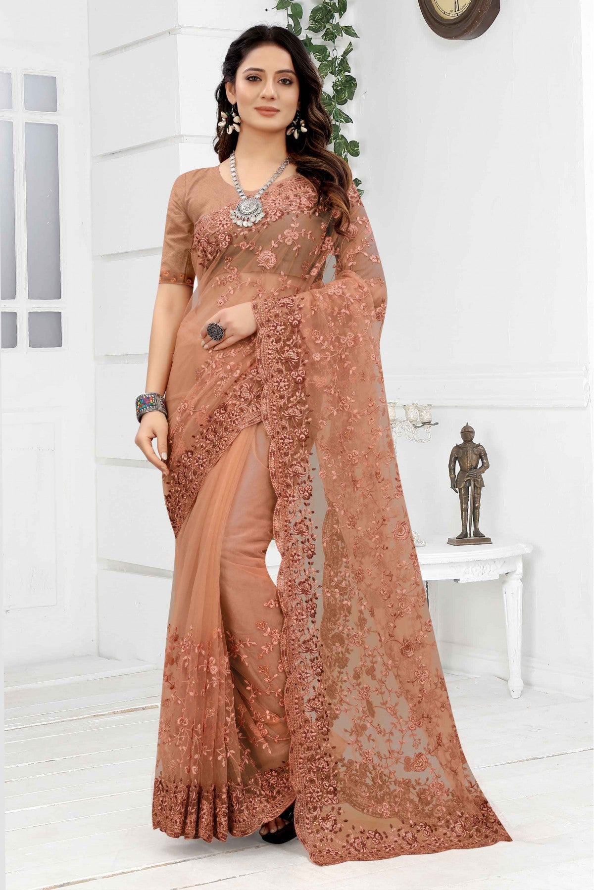 Peach Colour Net Embroidery Saree VSSD1090260