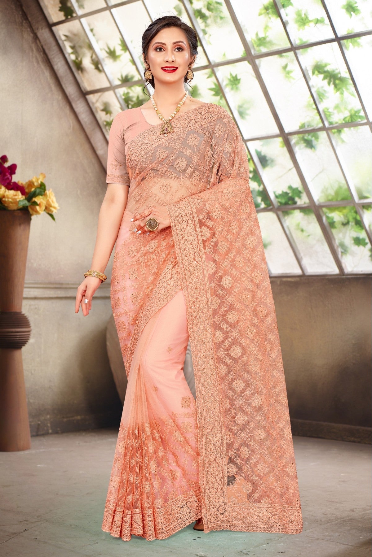 Peach Colour Net Embroidery Saree VSSD1090381