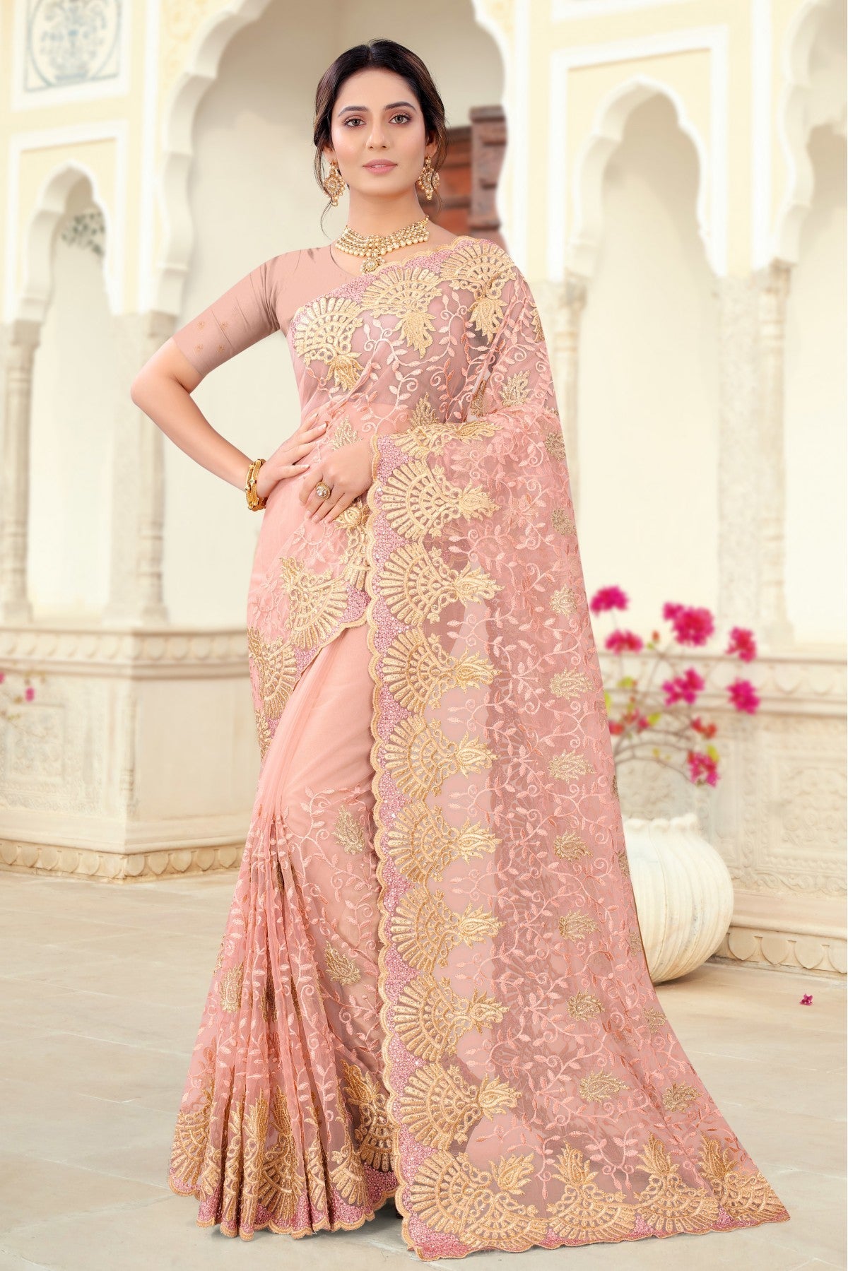 Peach Colour Net Embroidery Saree VSSD1090442