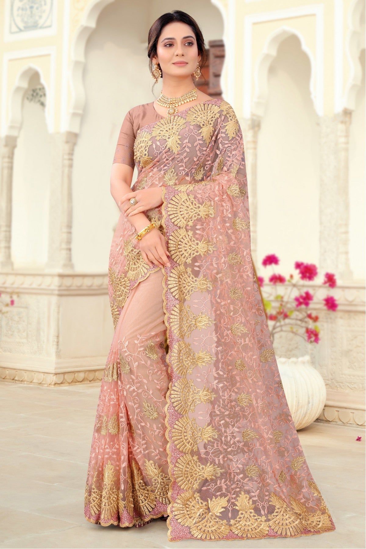 Peach Colour Net Embroidery Saree VSSD1090445