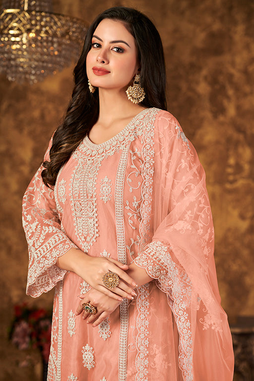 Peach Colour Net Semi Stitched Palazzo Pant Suit VSSM1050340