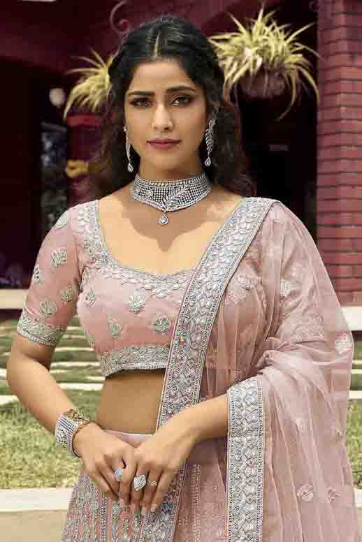 Peach Colour Organza Zari Work Lehenga Choli VSLC1080134