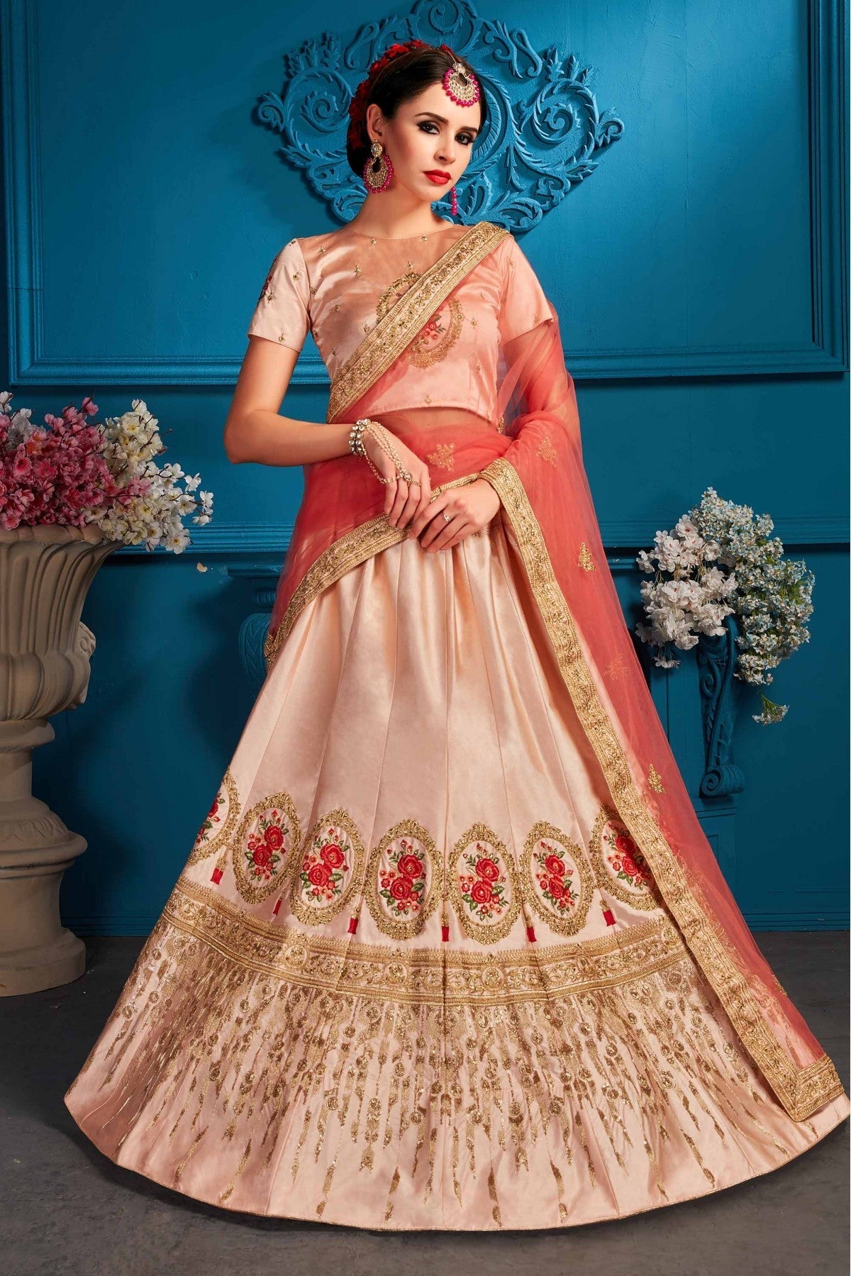 Peach Colour Satin Embroidery Lehenga Choli VSLC1080460