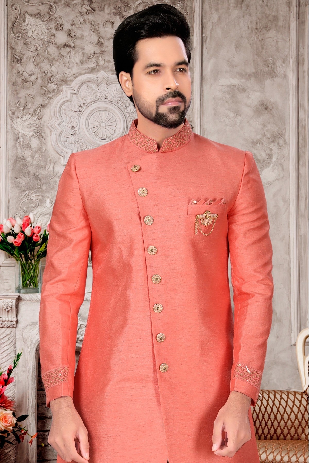 Peach Colour Slub Silk Dhoti Sherwani VSSH1040285