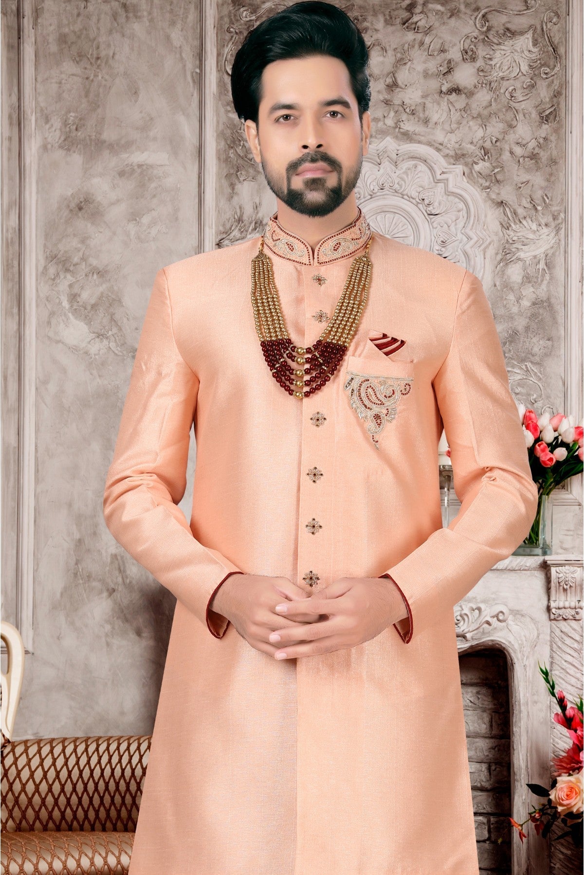 Peach Colour Slub Silk Sherwani VSSH1040310