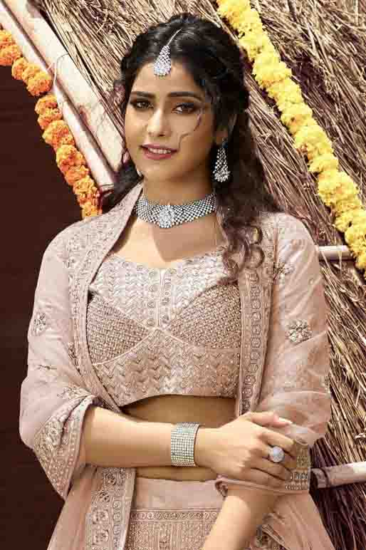 Peach Colour Velvet Resham Work Lehenga Choli VSLC1080131