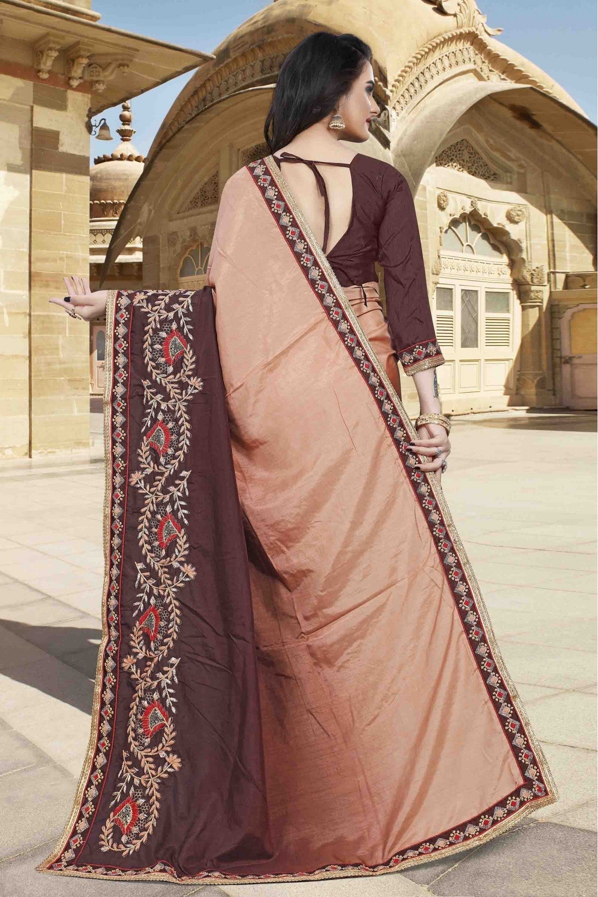 Peach and Brown Colour Dola Silk Designer Saree VSSD1120550