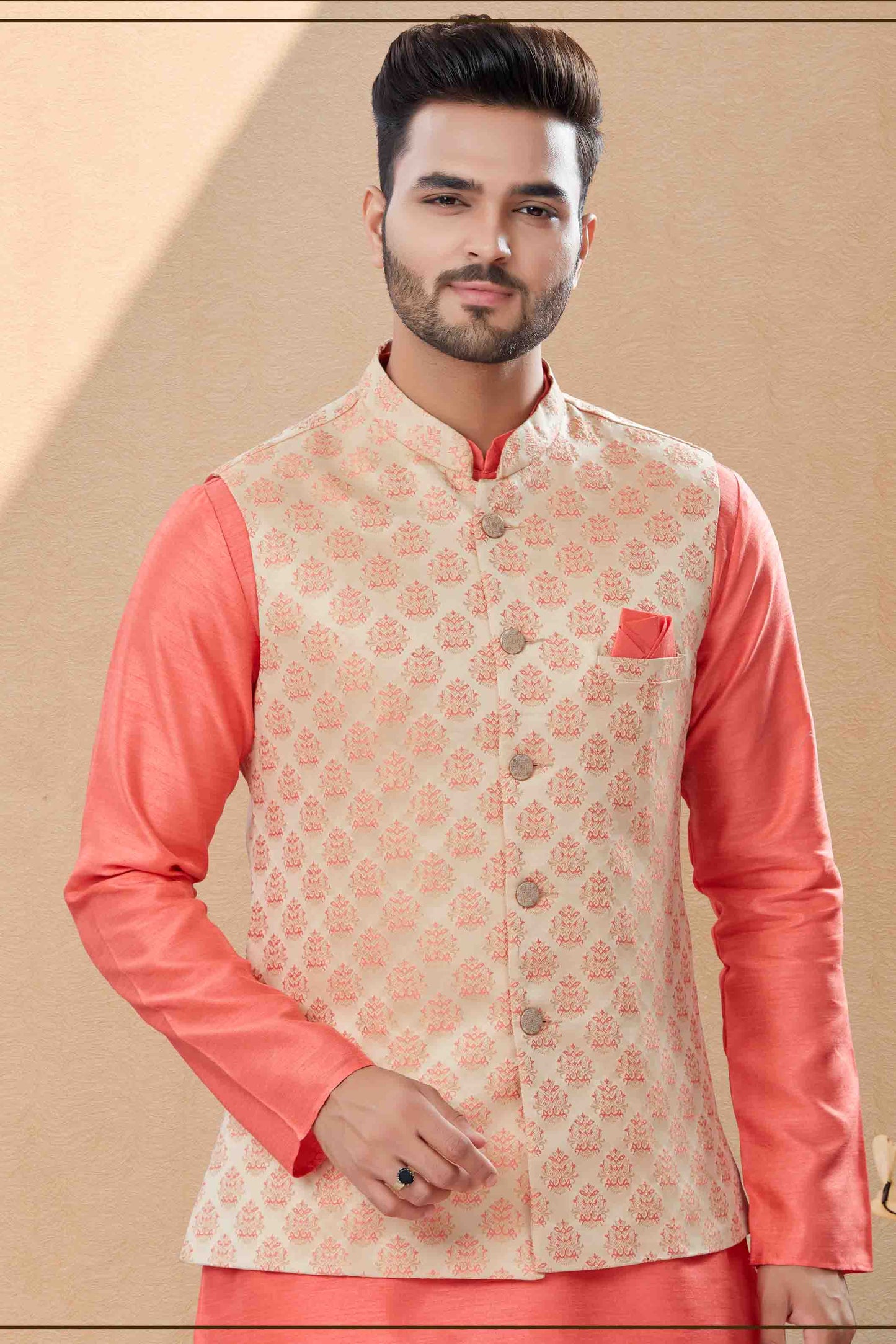 Peach and Cream Colour Kurta Pajama With Jacket In Silk Dupion Fabric VSKP1040453