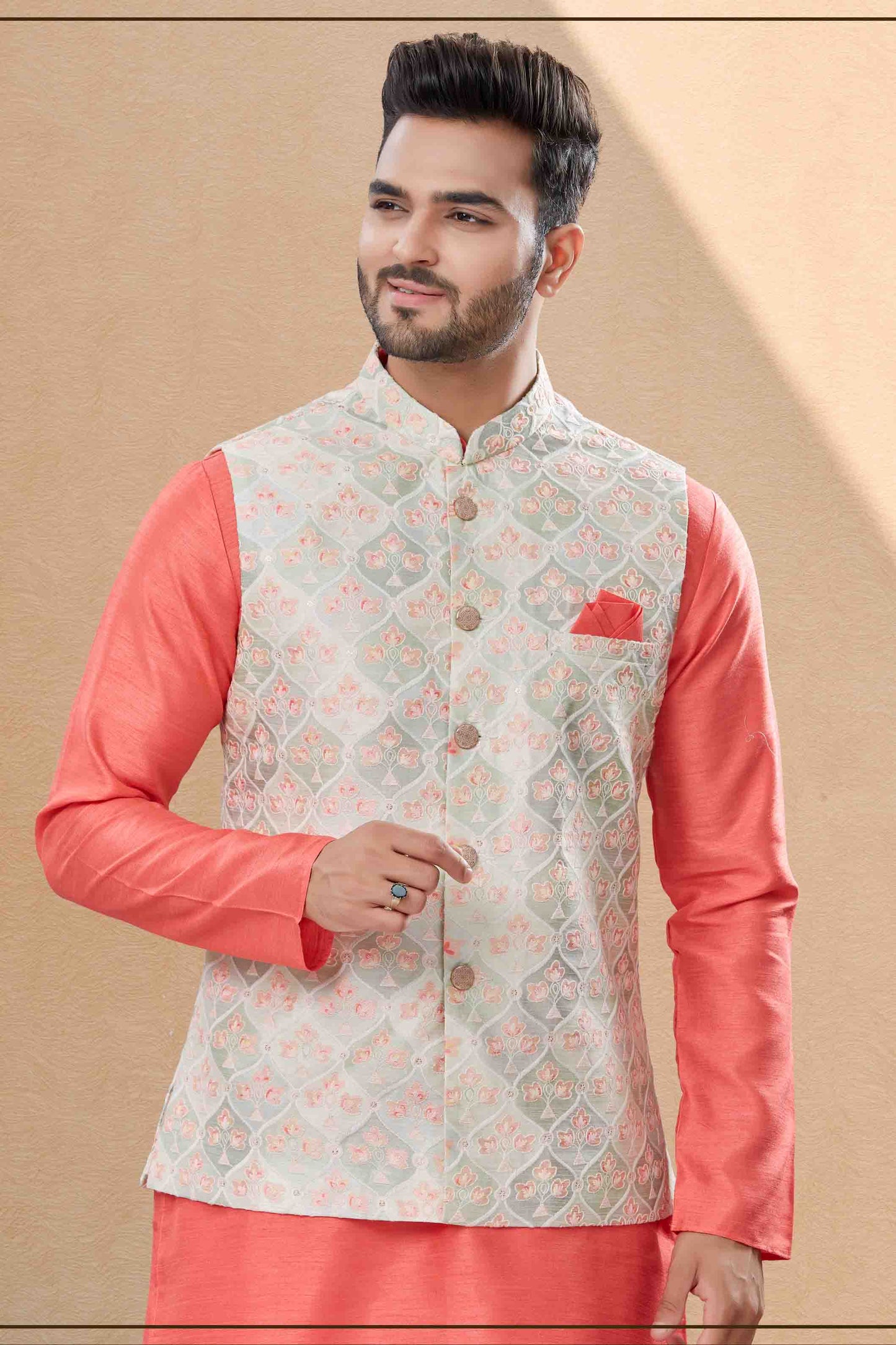 Peach and Cream Colour Kurta Pajama With Jacket In Silk Dupion Fabric VSKP1040455
