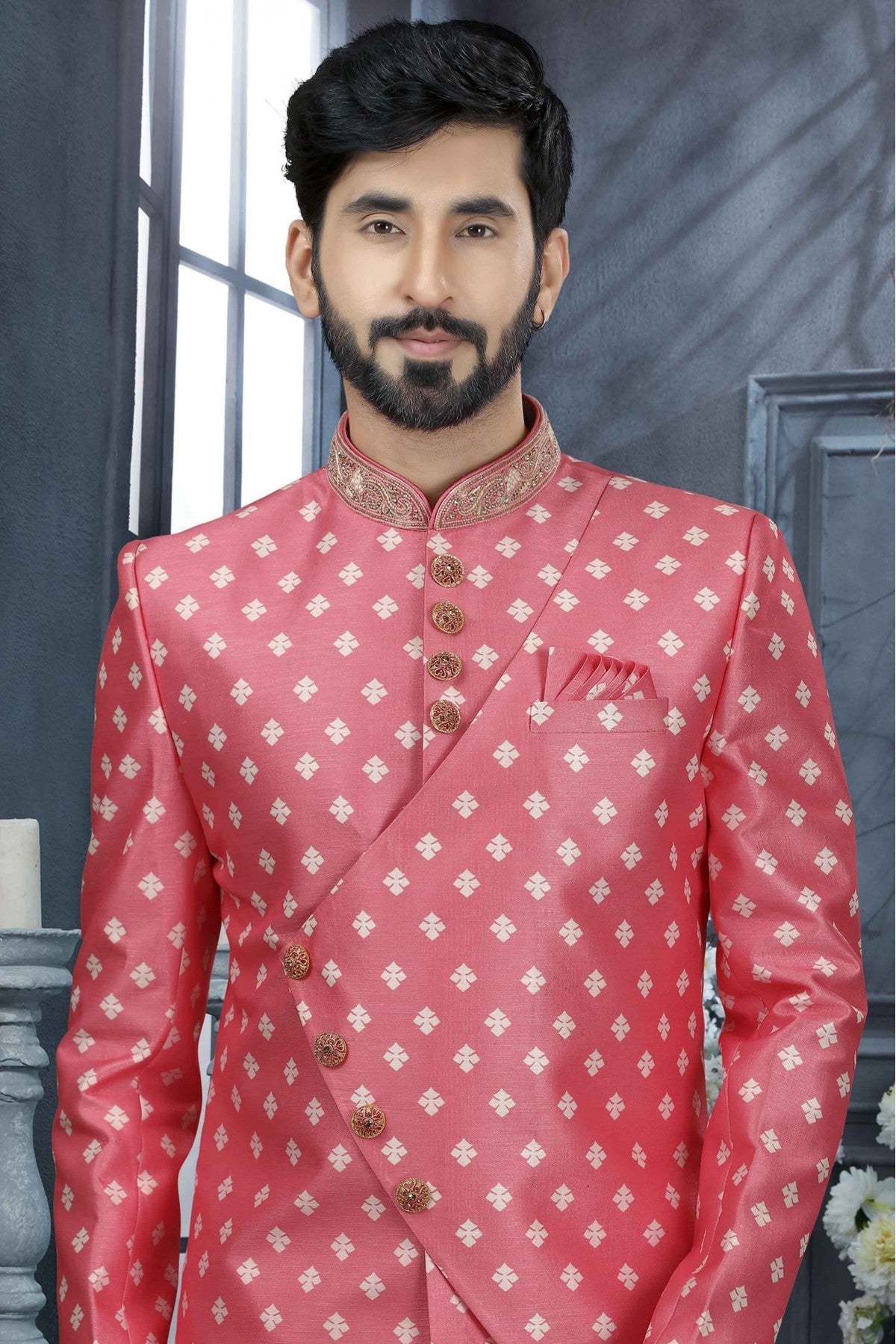 Pink Colour Jacquard Digital Print Sherwani VSSH1040339
