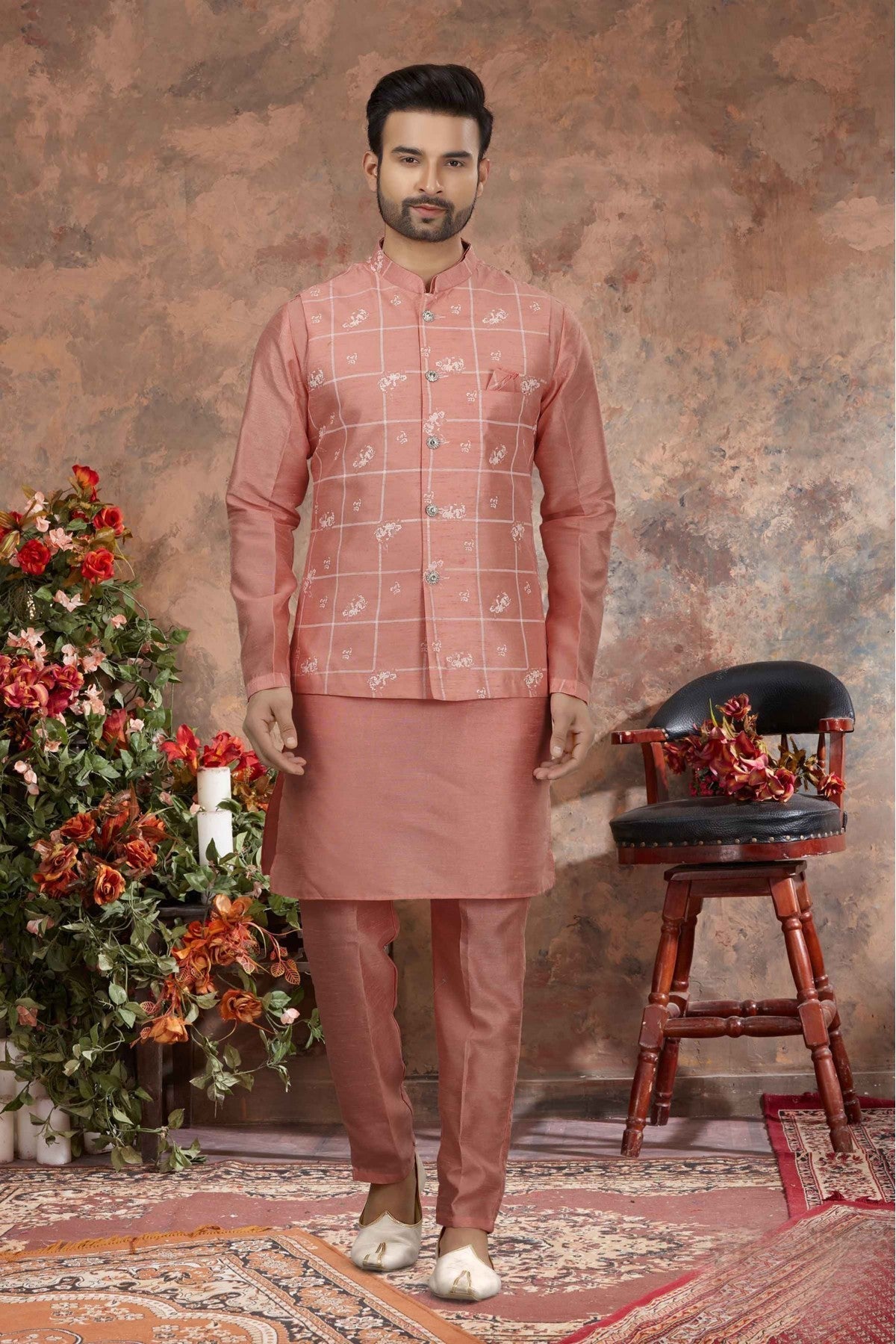 Pink Colour Kurta Pajama With Jacket In Silk Dupion Fabric VSKP1040185