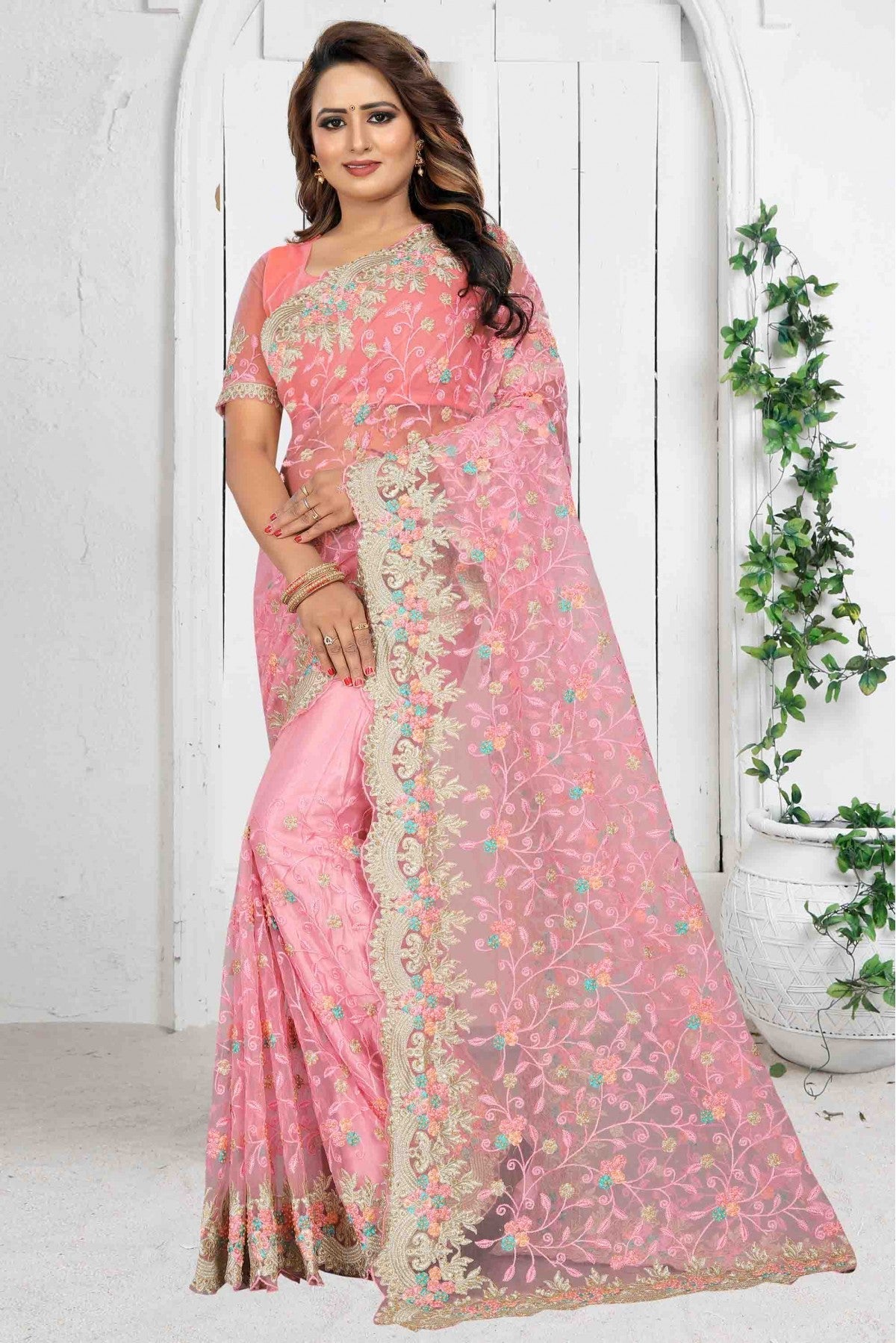 Pink Colour Net Designer Saree VSSD1090078