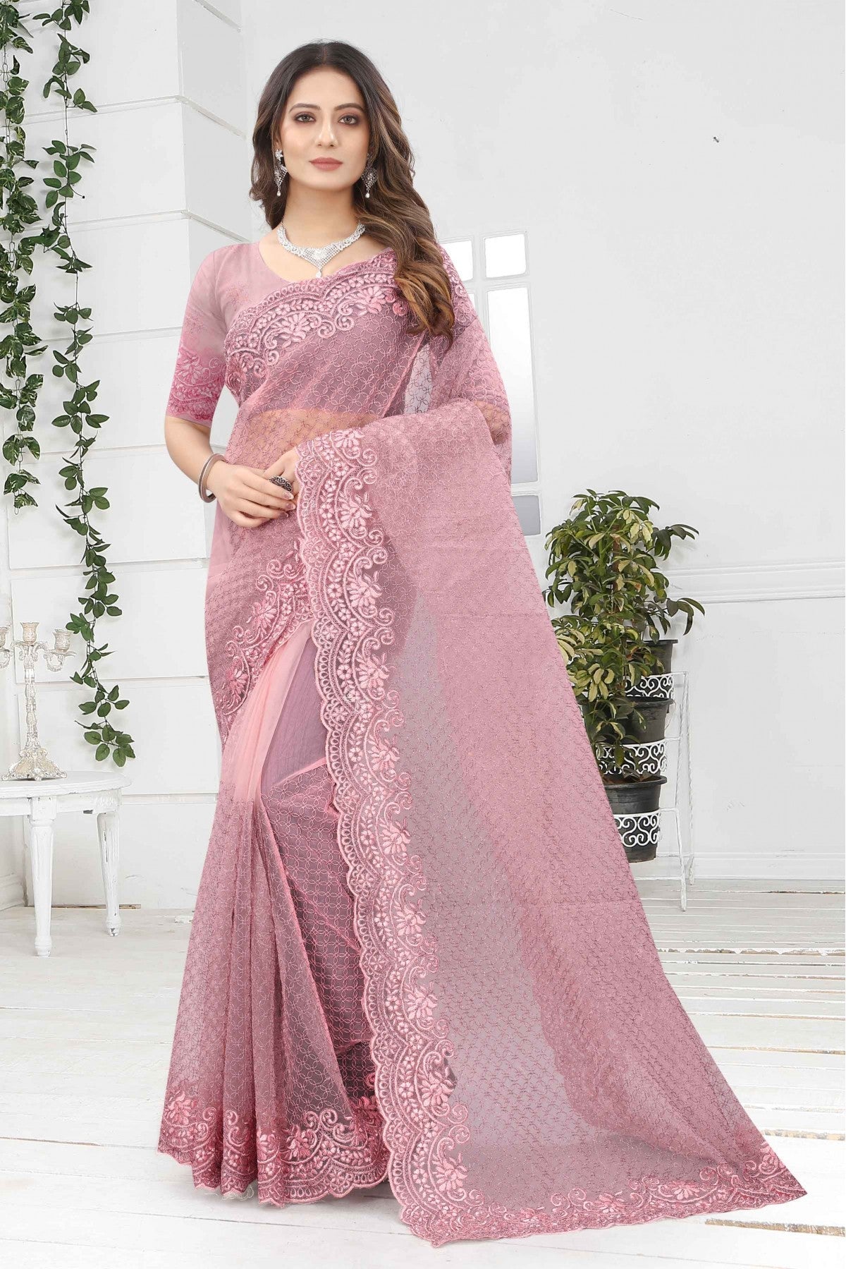 Pink Colour Net Designer Saree VSSD1090237