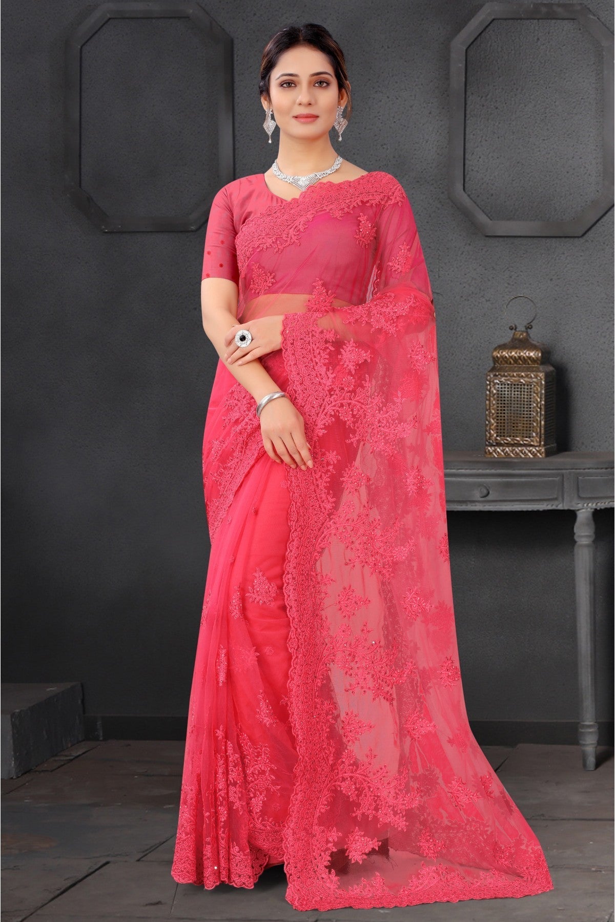 Pink Colour Net Embroidery Saree VSSD1090199