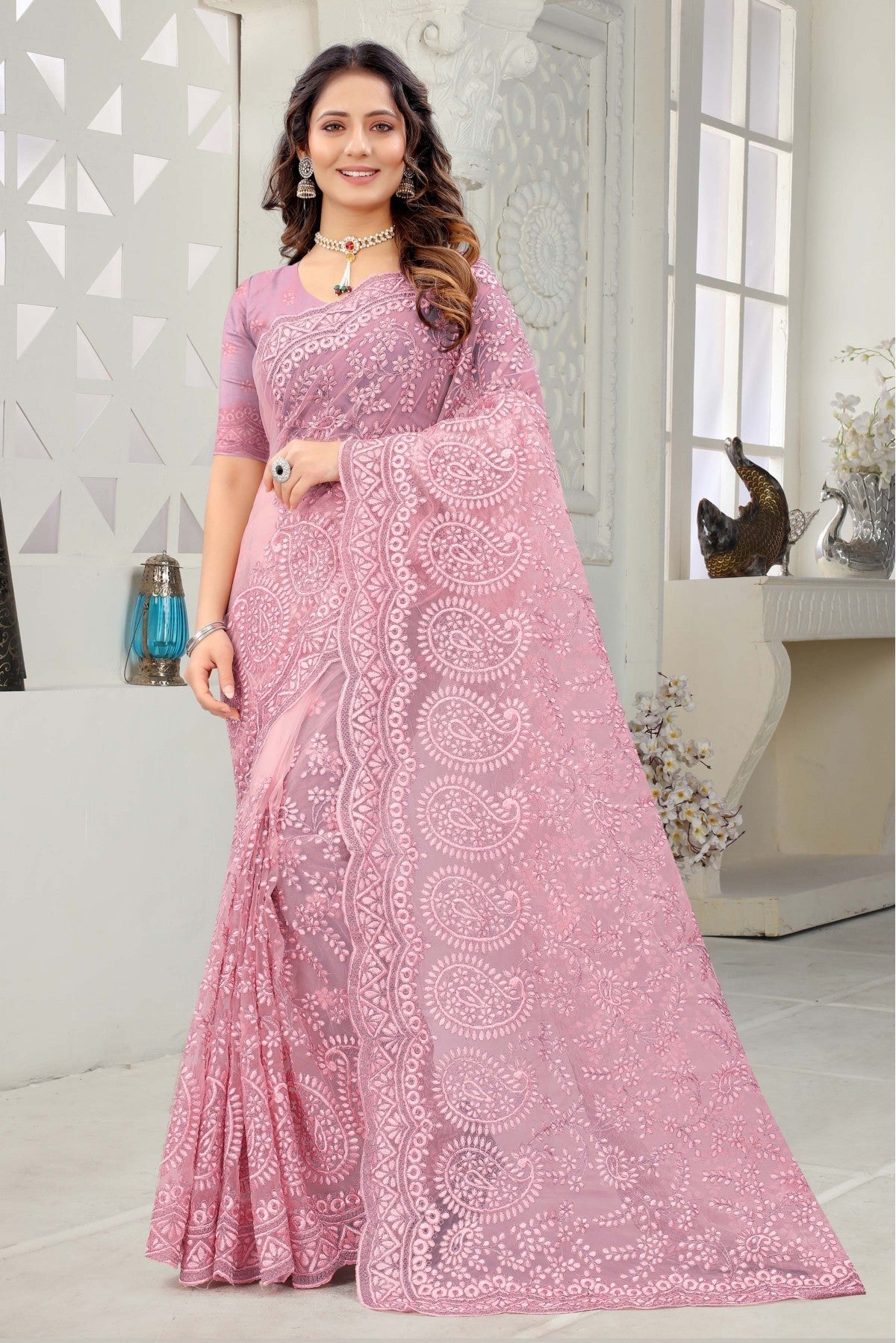 Pink Colour Net Embroidery Saree VSSD1090232