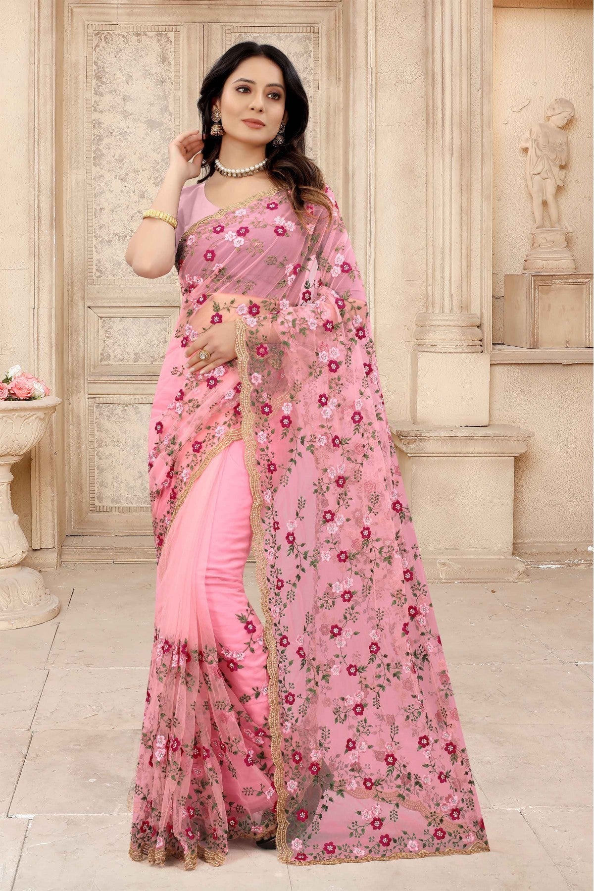 Pink Colour Net Embroidery Saree VSSD1090311