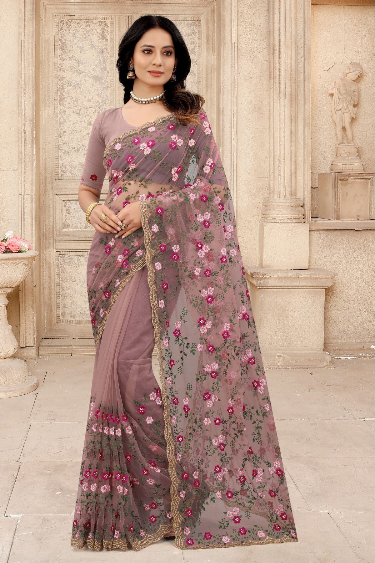 Pink Colour Net Embroidery Saree VSSD1090312