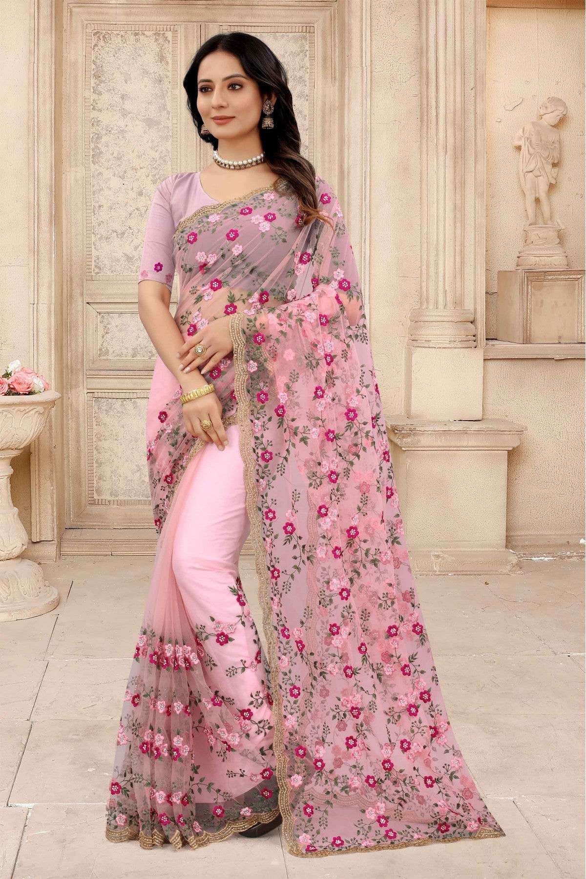 Pink Colour Net Embroidery Saree VSSD1090314