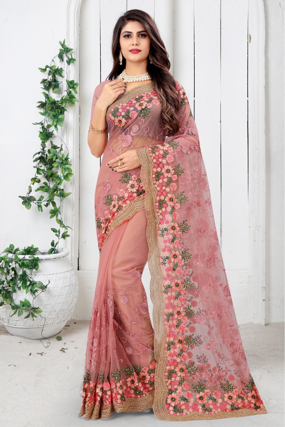 Pink Colour Net Embroidery Saree VSSD1090450