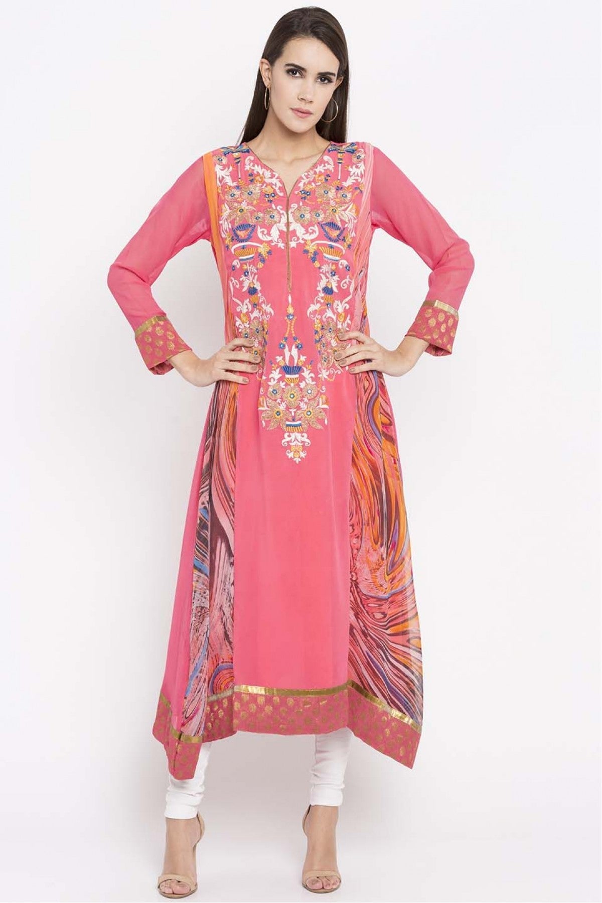 Pink Colour Plus Size Faux Georgette Embroidery Kurti