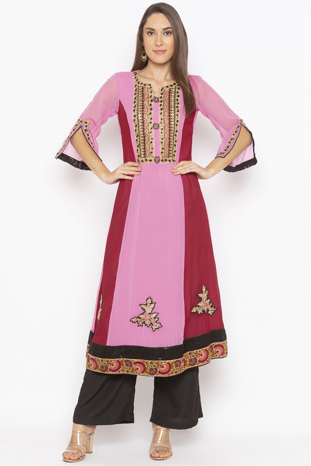 Pink Colour Plus Size Georgette Embroidery Kurta Set