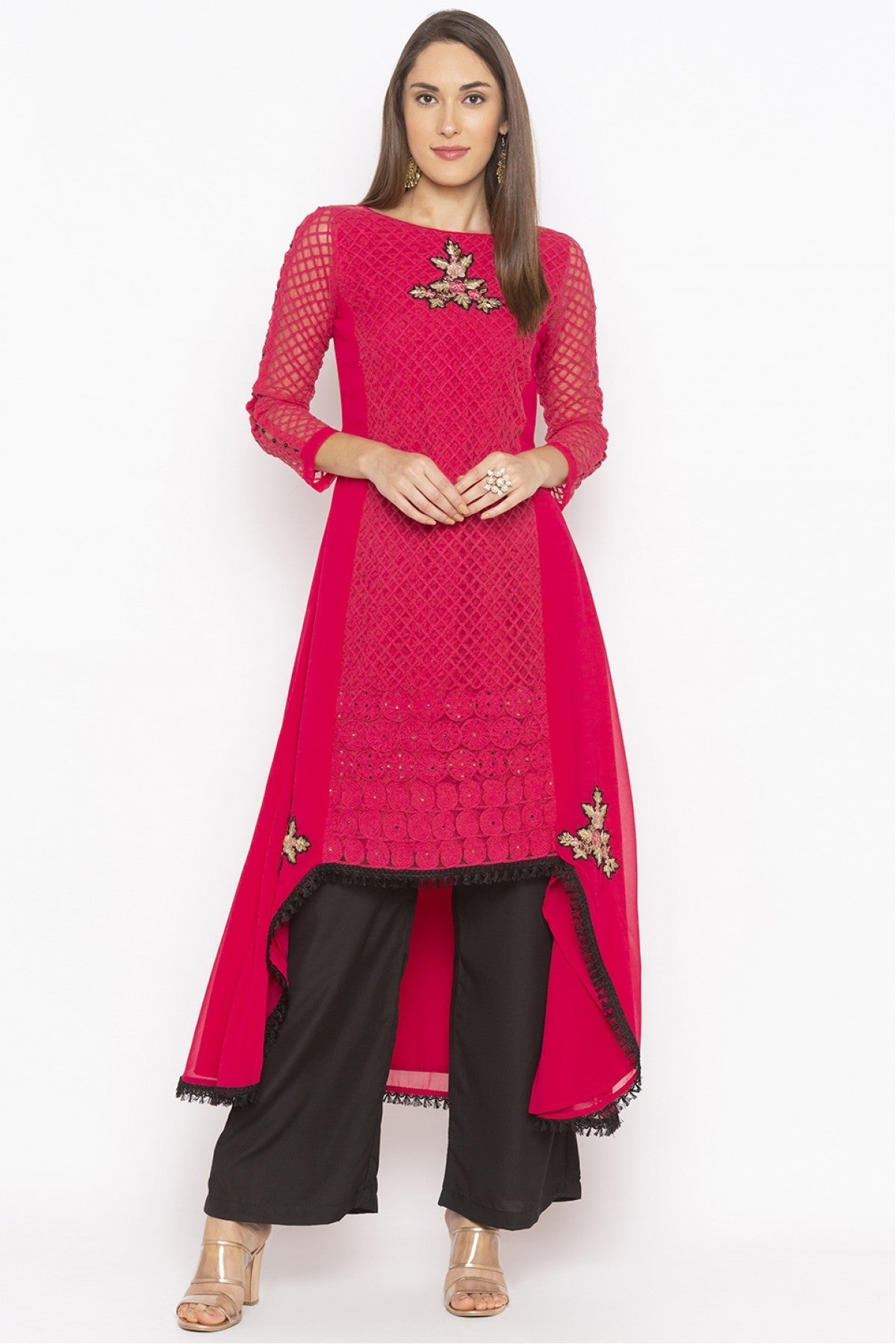 Pink Colour Plus Size Georgette Embroidery Kurta Set