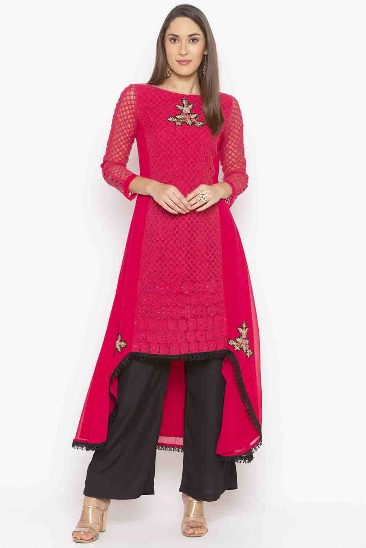 Pink Colour Plus Size Georgette Embroidery Kurti