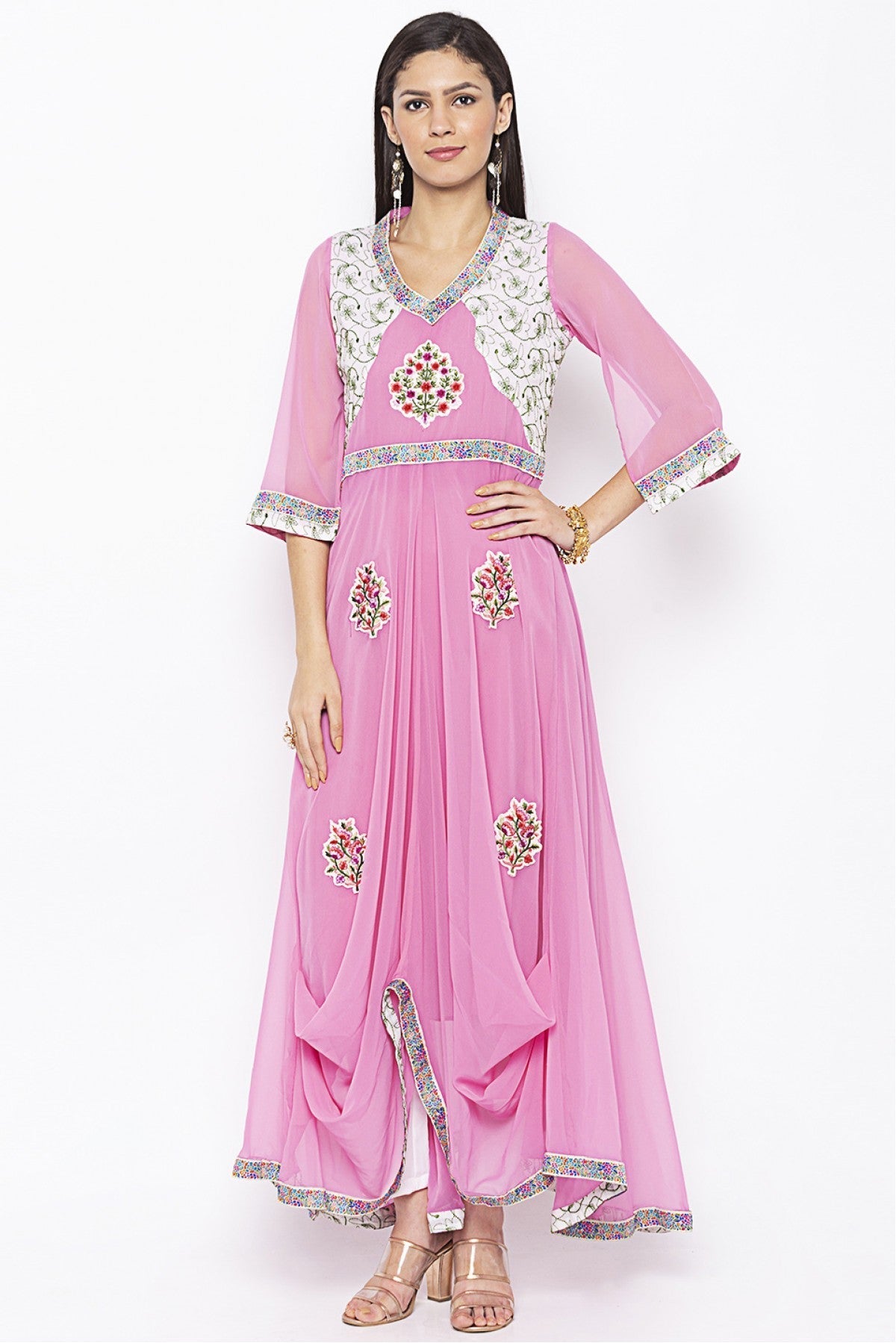 Pink Colour Plus Size Georgette Embroidery Kurti