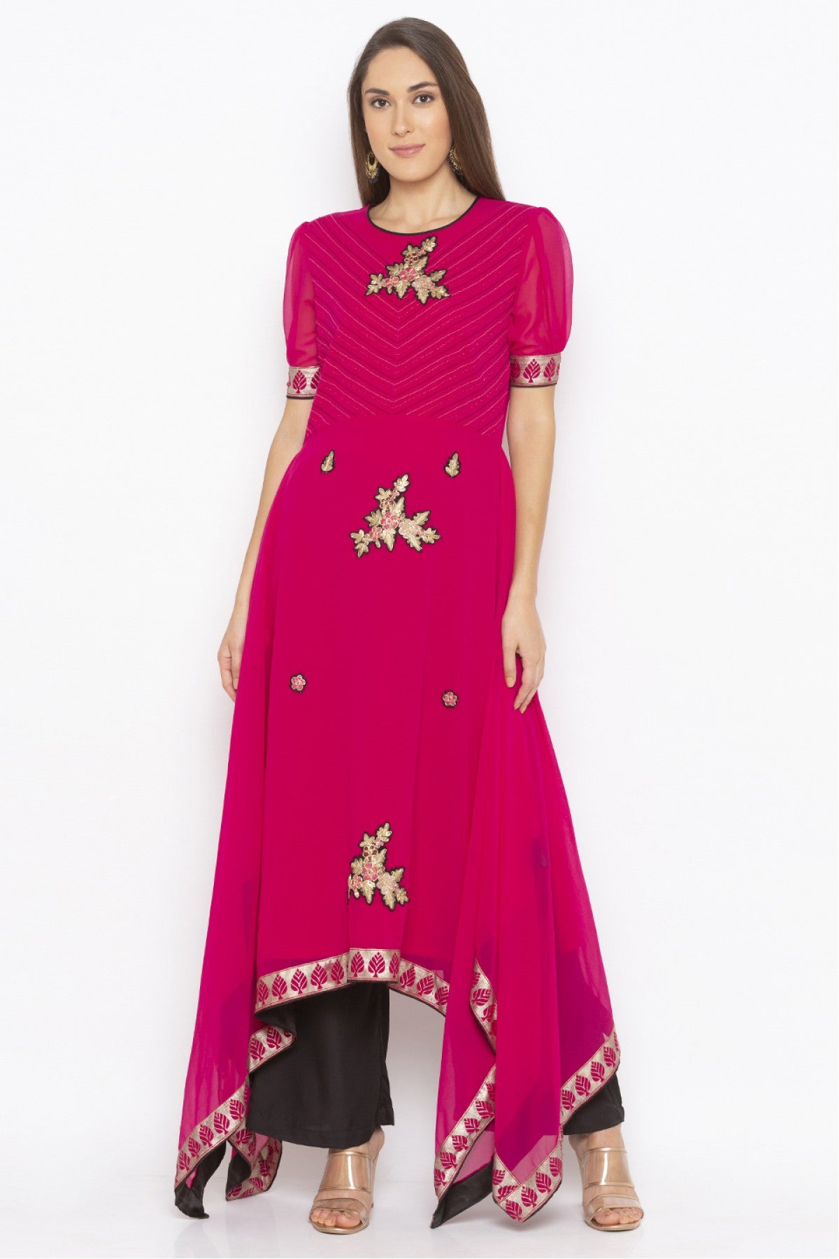 Pink Colour Plus Size Georgette Embroidery Kurti