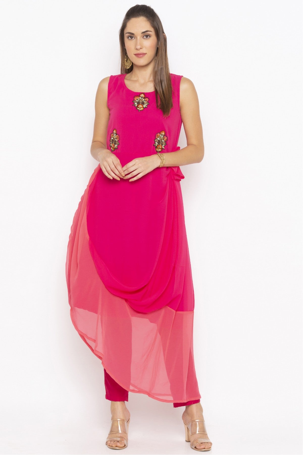 Pink Colour Plus Size Georgette Embroidery Kurti