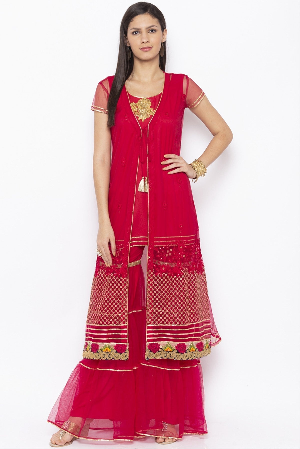Pink Colour Plus Size Net Embroidery Kurti